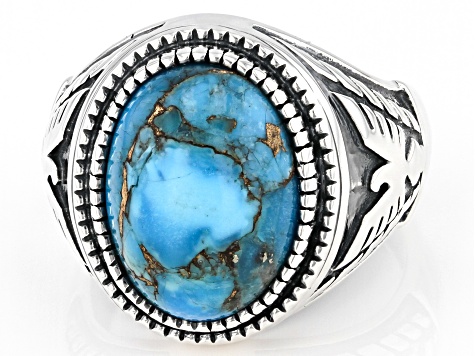 Blue Turquoise Rhodium Over Sterling Silver Men's Ring