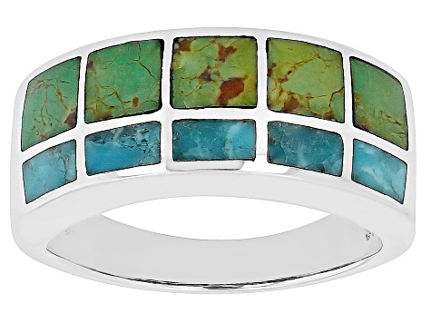 Green & Blue Turquoise Rhodium Over Silver Band Ring