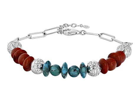 Blue Turquoise & Coral Rhodium Over Silver Paperclip Bracelet - SWW696A ...