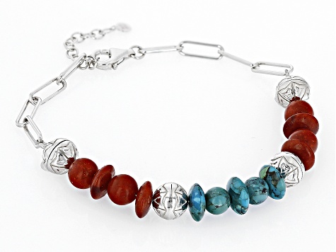 Blue Turquoise & Coral Rhodium Over Silver Paperclip Bracelet