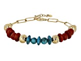 Blue Turquoise & Red Coral 18k Yellow Gold Over Silver Paperclip Bracelet