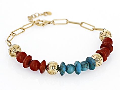 Blue Turquoise & Red Coral 18k Yellow Gold Over Silver Paperclip Bracelet