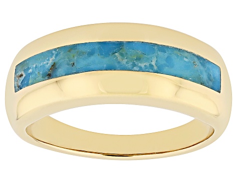 Blue Turquoise 18k Yellow Gold Over Silver Mens Inlay Ring