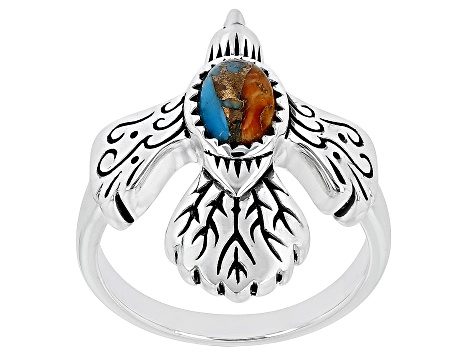 Blended Turquoise & Spiny Oyster Shell Rhodium Over Silver Eagle Ring