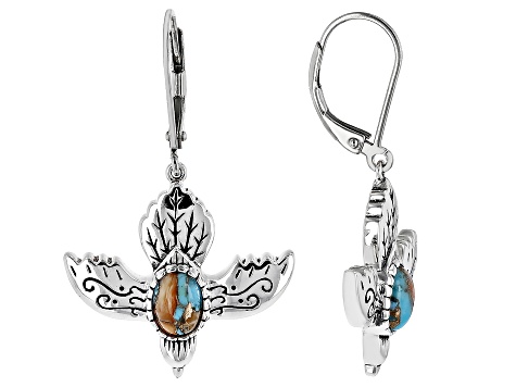 Blended Turquoise & Spiny Oyster Shell Rhodium Over Silver Eagle Earrings