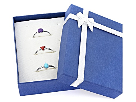 Blue & Purple Turquoise, Sponge Coral Rhodium Over Silver Set of 3 Rings Boxed Set