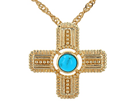 Kingman Turquoise 18k Yellow Gold Over Silver Cross Pendant With Chain
