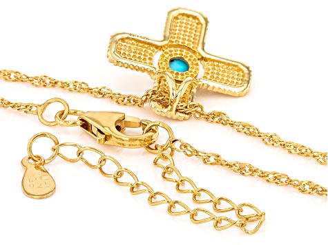 Kingman Turquoise 18k Yellow Gold Over Silver Cross Pendant With Chain