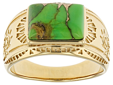 Green Turquoise 18k Yellow Gold Over Sterling Silver Men's Ring
