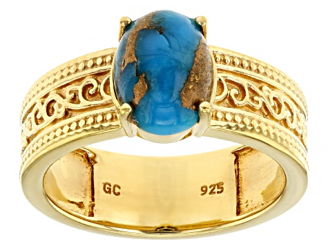 Blue Turquoise 18k Yellow Gold Over Silver Solitaire Ring