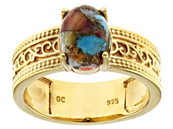 Picture of Blended Turquoise & Spiny Oyster Shell 18k Yellow Gold Over Silver Solitaire Ring