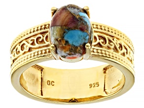 Blended Turquoise & Spiny Oyster Shell 18k Yellow Gold Over Silver Solitaire Ring