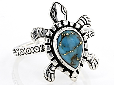 Blue Turquoise Sterling Silver Oxidized Turtle Ring