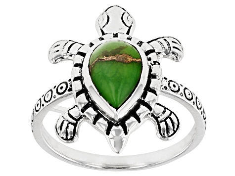 Green Turquoise Sterling Silver Oxidized Turtle Ring