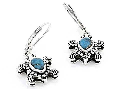 Blue Turquoise Silver Oxidized Turtle Earrings