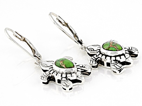 Green Turquoise Silver Oxidized Turtle Earrings