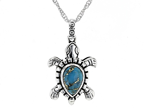 Blue Turquoise Sterling Silver Oxidized Turtle Pendant with Chain