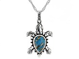 Blue Turquoise Sterling Silver Oxidized Turtle Pendant with Chain