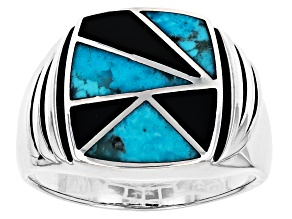 Blue Turquoise & Black Onyx Rhodium Over Silver Men's Ring