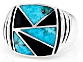 Blue Turquoise & Black Onyx Rhodium Over Silver Men's Ring