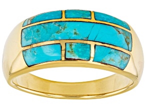 Blue Turquoise 18k Yellow Gold Over Silver Men's Inlay Ring