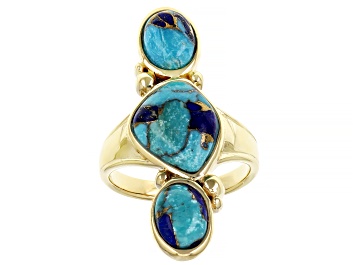 Picture of Blue Turquoise and Lapis 18k Yellow Gold Over Sterling Silver 3 Stone Ring