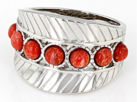 Sponge Red Coral Rhodium Over Sterling Silver Ring