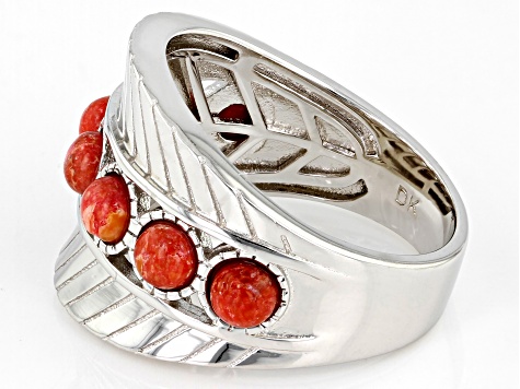 Sponge Red Coral Rhodium Over Sterling Silver Ring