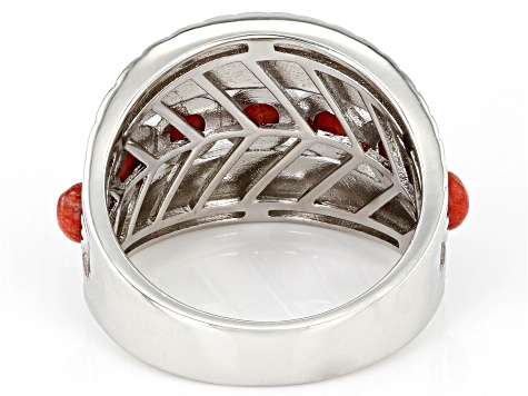 Sponge Red Coral Rhodium Over Sterling Silver Ring