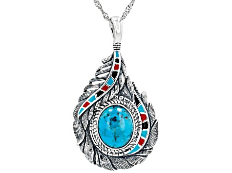 Blue Turquoise with Multi Color Enamel Sterling Silver Pendant with Chain