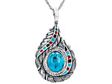 Blue Turquoise with Multi Color Enamel Sterling Silver Pendant with Chain