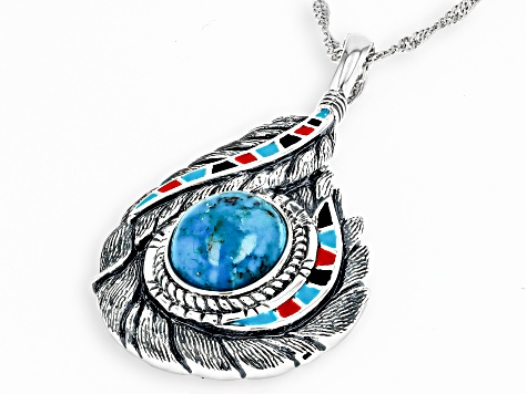 Blue Turquoise with Multi Color Enamel Sterling Silver Pendant with Chain