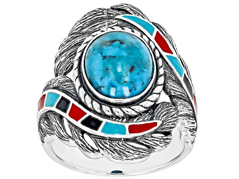 Blue Turquoise with Multi Color Enamel Sterling Silver Ring