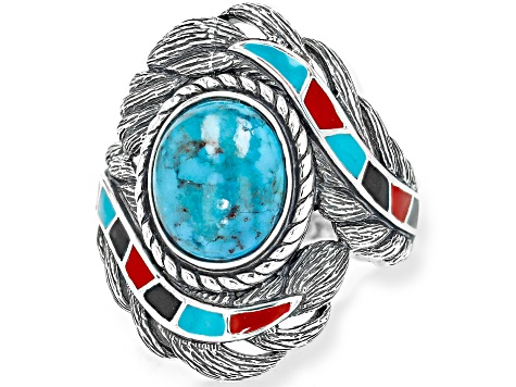 Blue Turquoise with Multi Color Enamel Sterling Silver Ring