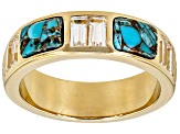 Blue Turquoise with White Topaz 18k Yellow Gold Over Silver Men's Ring 1.43ctw