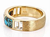 Blue Turquoise with White Topaz 18k Yellow Gold Over Silver Men's Ring 1.43ctw