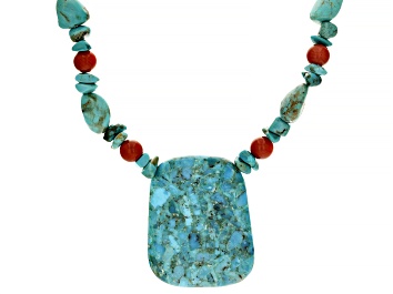 Picture of Blue Turquoise with Red Coral Rhodium Over Sterling Silver Necklace