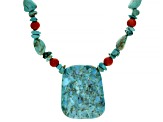 Blue Turquoise with Red Coral Rhodium Over Sterling Silver Necklace