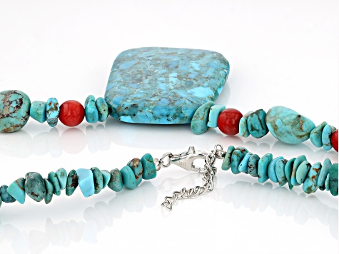 Blue Turquoise with Red Coral Rhodium Over Sterling Silver Necklace
