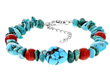 Picture of Blue Turquoise With Red Coral Rhodium Over Sterling Silver Bracelet