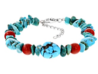 Blue Turquoise With Red Coral Rhodium Over Sterling Silver Bracelet