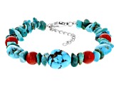 Blue Turquoise With Red Coral Rhodium Over Sterling Silver Bracelet