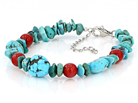 Blue Turquoise With Red Coral Rhodium Over Sterling Silver Bracelet