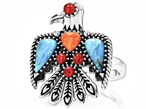 Blue Turquoise, Spiny Oyster Shell & Red Coral Sterling Silver "Thunderbird" Ring