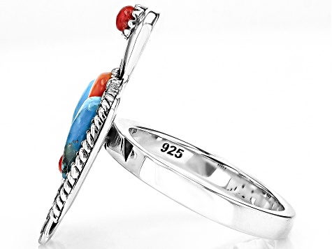 Blue Turquoise, Spiny Oyster Shell & Red Coral Sterling Silver "Thunderbird" Ring