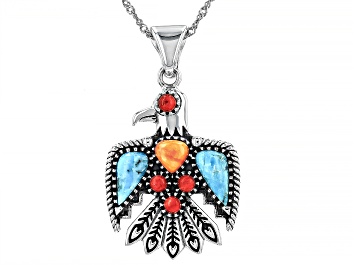 Picture of Blue Turquoise, Spiny Oyster Shell & Red Coral Silver "Thunderbird" Enhancer/Chain