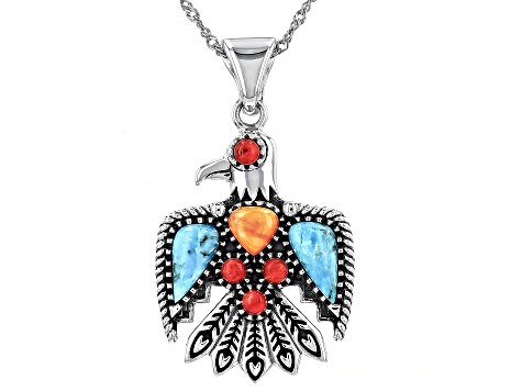 Blue Turquoise, Spiny Oyster Shell & Red Coral Silver "Thunderbird" Enhancer/Chain