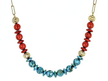 Picture of Blue Turquoise with Coral 18k Yellow Gold Over Silver Paperclip Necklace