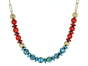 Blue Turquoise with Coral 18k Yellow Gold Over Silver Paperclip Necklace