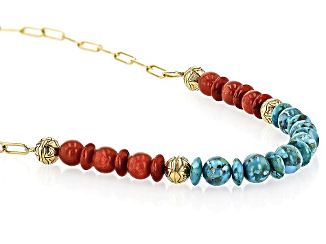 Blue Turquoise with Coral 18k Yellow Gold Over Silver Paperclip Necklace